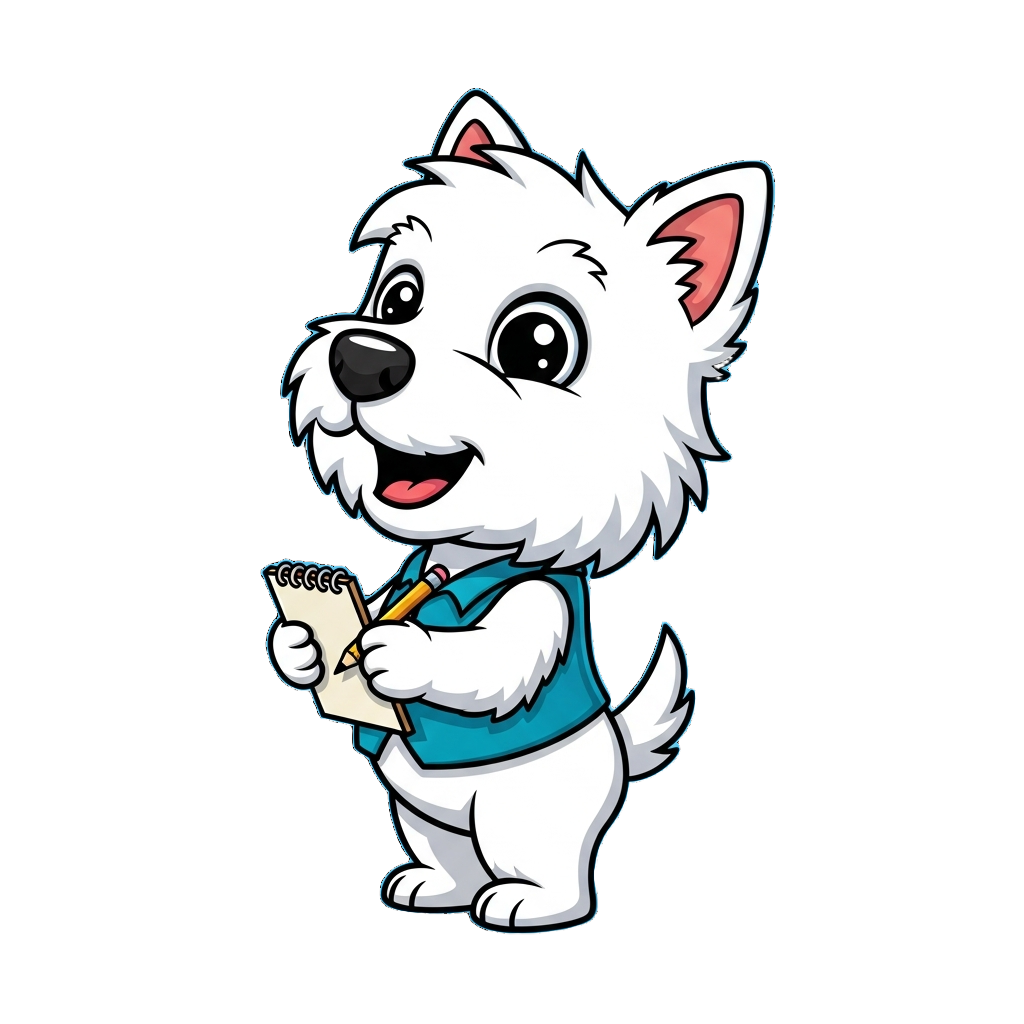 Kibbo mascot — a friendly white Westie puppy in a teal vest